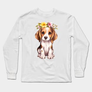 Watercolor Beagle Dog with Head Wreath Long Sleeve T-Shirt
